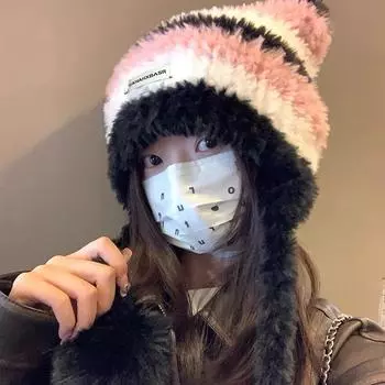 Кошачьи ушки контрастные полосы ручной работы крючком плюшевая шапка бини женская милая защита ушей теплая искусственная норковая шерстяная шапка в зимних шапках