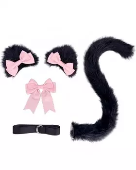 Кошачьи ушки шпилька хвост комплект из 2 предметов кошачьи ушки повязка на голову украшение для волос с лентой костюм кошки косплей костюм на Хэллоуин [kuroobaa] (Черный + Розовый)