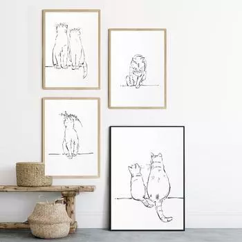 Кошачья детская комната с животными Минималистское настенное искусство Холст Картина Скандинавские постеры и принты Черно-белые линии Настенные картины для гостиной 21x30cm No Framed белый