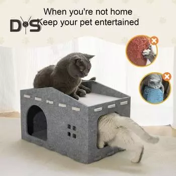 Кошачья кровать, большая пещера для кошек, гнездо, домик для домашних животных, войлочное игровое и оздоровительное пространство для кошек, домик для домашних животных, куб для укрытия 2 в 1, когтеточка для кошек, лежанка для домашних кошек серый