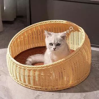 Кошачья кровать-корзина, полузакрытое гнездо, товары для животных, портативная, все четыре сезона, гостиная, спальное место бежевый