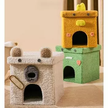 Кошачья кроватка-куб для домашних кошек, большая крытая кошачья кровать-пещера для домашних животных, которые спят, играют, лазают и прячутся, котенок в кондоминиуме для кошек 12x12x13in бежевый