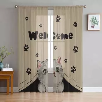 Кошачья лапа, милые оконные шторы в стиле ретро, прозрачный шифоновый тюль, занавеска для дома, гостиной, украшение для фона 135W x 114H(cm)