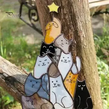 Кошачья рождественская елка, ловец солнца, акриловые, сложенные котята, подвесное украшение, красочное рождественское украшение для окон в виде кошачьей елки S B