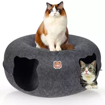 Кошачья тоннельная кровать для кошек Peekaboo Cat Cave Двойная пещера для кошек среднего и большого размера Кровать-пончик с царапаньем Cat Donut Tunnel 50X20cm