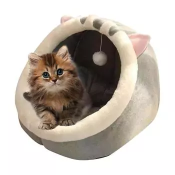 Кошачий домик, теплая подушка-пещера для домашних животных, декоративная полузакрытая пещера для домашних животных с подвесной игрушкой, ватный коврик для зимнего сна щенка котенка белый