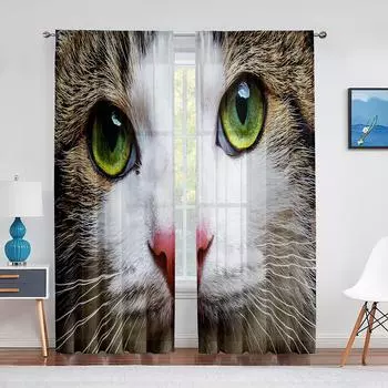 Кошачий принт, котенок, котенок, лицо, крупный план, прозрачная вуаль, занавеска для гостиной, спальни, декор, оконные шифоновые тюлевые шторы с животными 1 PCS W100XH250cm&Rod Pocket