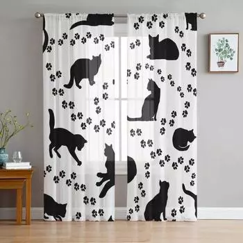 Кошачий силуэт следы черно-белые тюлевые прозрачные оконные шторы для гостиной спальни современная вуаль из органзы шторы W135 x H115cm x1&Rod Pocket