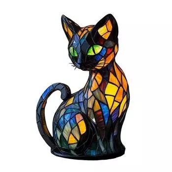 Кошачий светильник Витражное полимерное стекло Ночник Мягкое теплое свечение 3D Светодиодная настольная лампа в виде животного Декор для спальни 17cm B