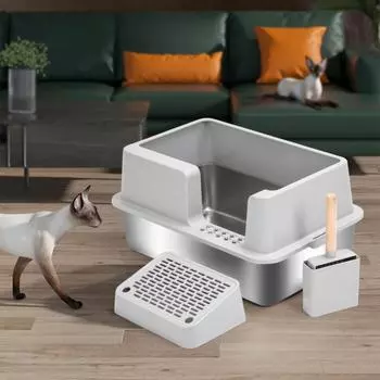 Кошачий туалет из нерасшитой стали, прочный, антикоррозионный, герметичный, легко моется, большой объем, туалет для кошек, принадлежности для кошек, горшки серый