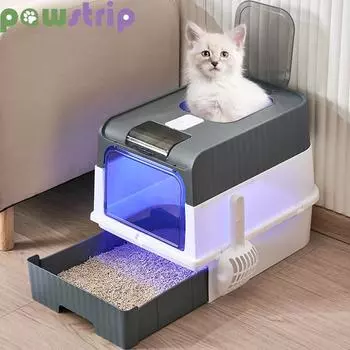Кошачий туалет с ультрафиолетовыми лампами для стерилизации, большой емкости, полностью закрытый кошачий туалет, лоток для кошачьего туалета, защищающий от брызг чёрный