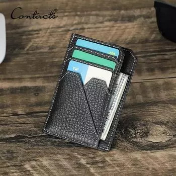 Кошельки для карт CONTACT S из натуральной кожи для мужчин, кошельки на молнии, зажим для денег, женские держатели для карт, ультратонкие маленькие мини-кошельки