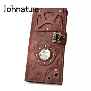 Кошельки и кошельки унисекс в стиле ретро Johnature, длинный кошелек с заклепками в стиле стимпанк, держатель для карт, высокое качество, клатчи из искусственной кожи коричневый