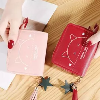 Кошельки из искусственной кожи с рисунком кота, женские короткие многофункциональные держатели для карт, кошельки для ключей, милые детские кошельки для студентов, новинка 2023 г. чёрный