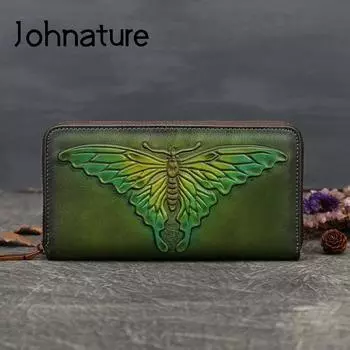Кошельки из натуральной кожи Johnature с тиснением бабочки, женский кошелек из коровьей кожи в стиле ретро, длинный кошелек ручной работы коричневый