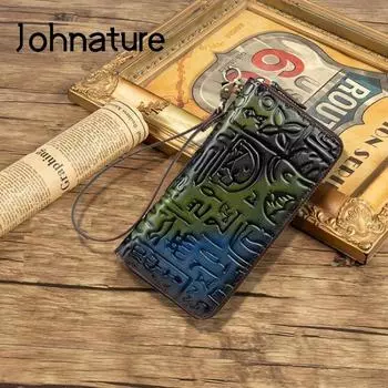 Кошельки Johnature с тиснением в стиле ретро, держатель для карт, женский большой кошелек-клатч из натуральной кожи, первый слой, кошелек для телефона из воловьей кожи