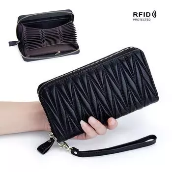 Кошельки женские из натуральной кожи, первый слой из коровьей кожи, стеганый, плиссированный, длинный кошелек, RFID, противоугонный кошелек, вместительный держатель для карт, клатч чёрный