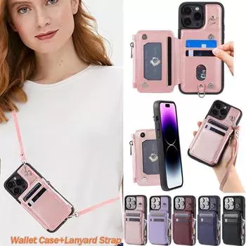 Кошелек через плечо с магнитным слотом для нескольких карт, кожаный чехол на молнии для iPhone 15 14 Plus 13 12 11 Pro Max для Samsung S23 S22 Ultra Plus S21 A14 A54 iPhone 6/6S чёрный