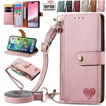 Кошелек через плечо с несколькими слотами для карт, кожаный чехол на молнии с откидной крышкой для iPhone 15 14Plus 13 12 11Pro Max/Samsung S23 S22 S21 S20Ultra Plus A14 A54 A53 A15 iPhone 6/6S чёрный