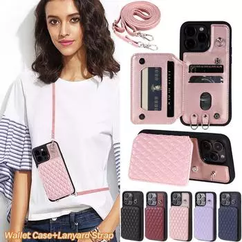 Кошелек через плечо с отделением для карт с откидным магнитом и кожаным чехлом для iPhone 15 14 Plus 13 12 Pro Max 11 XR 8 7 6S Plus/Samsung S23 S22Ultra Plus S21 A14 A54 A53 iPhone 6/6S чёрный