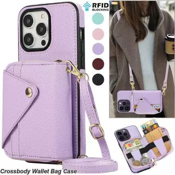 Кошелек через плечо сумка для карт шнурок молния кожаный чехол для iPhone 15 14 Plus 13 12 11 Pro Max XSMax XR Samsung S24 S23 S22 S21 Ultra Plus A15 A14 A54 iPhone 7/8/SE 2020 чёрный