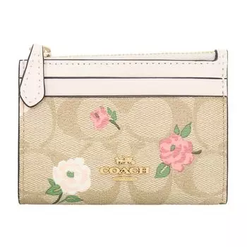 Кошелек COACH FCR972 CR972 Light Khaki x Chalk Multi Signature Wildflower Print Mini ID Keyring Skinny для женщин [Coach] (Чехол для монет) [Товар аутлета] [Бренд]