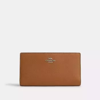 Кошелек Coach Slim на молнии, серебристый, легкое седло