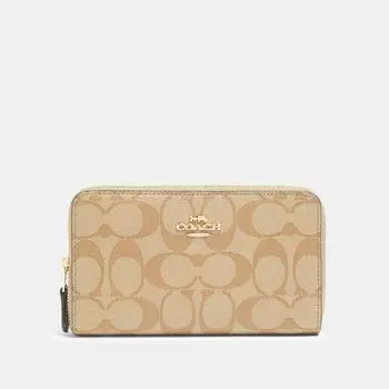Кошелек Coach среднего размера на молнии из канвы Signature, золотистого цвета, светло-хаки, с мелом