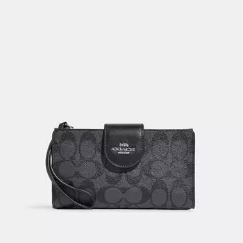 Кошелек Coach Tech из канвы с цветными блоками Signature, серебристо-графитовый черный