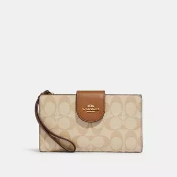 Кошелек Coach Tech из канвы с цветными блоками Signature, золотого цвета, цвета хаки, lt Saddle