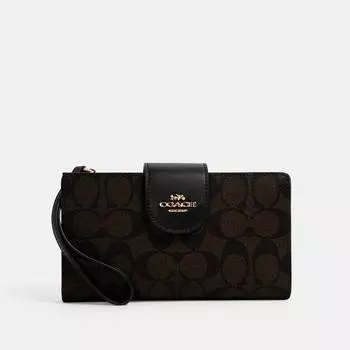 Кошелек для телефона Coach Tech из канвы с цветными блоками, золотистого, коричневого, черного цвета