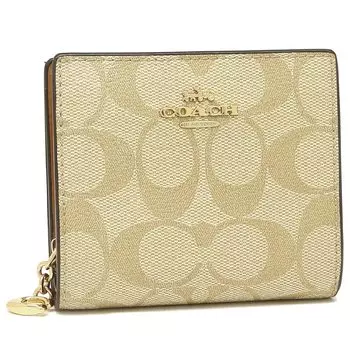 Кошелек FC3309 C3309 Light Khaki x Light Saddle Signature PVC Leather C Charm Button Round Zip Wallet [Coach] (Кошелек Bifold) Женская [Товар Outlet]