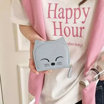 Кошелек из искусственной кожи с милым котом, мини-кошелек с мультяшным котом и зажимом для нескольких карт, повседневный кошелек в стиле модный кошелек