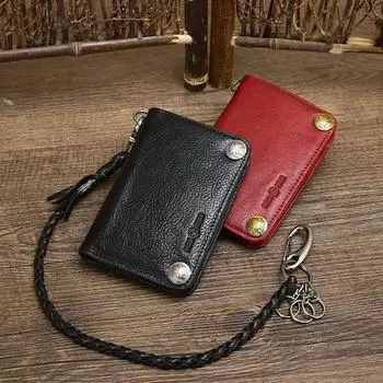 Кошелек из кожи с узором личи, вертикальная ретро-сумка, держатель для карт из коровьей кожи, мужской кошелек на молнии с имитацией скелета 18cm