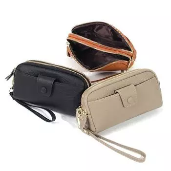 Кошелек из натуральной кожи с двойной молнией и цепочкой для мобильного телефона