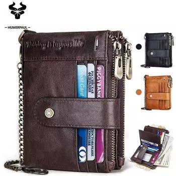 Кошелек из натуральной кожи с двойной молнией и защитой от скимминга, отделения для нескольких карт, мужской кошелек, кошелек для мелочи из кожи Crazy Horse чёрный