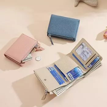 Кошелек из натуральной кожи Trifold для женщин, короткий мужской клатч, кожаный кошелек для женщин, деньги чёрный