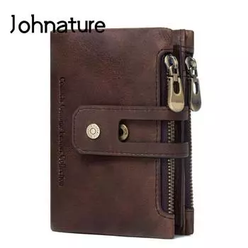 Кошелек Johnature из натуральной кожи Crazy Horse унисекс, винтажные короткие кошельки из натуральной яловой кожи для мужчин и женщин, кошелек для монет чёрный