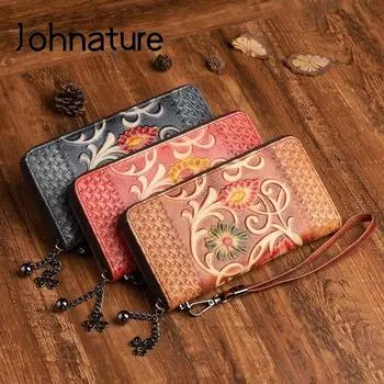 Кошелек Johnature с тиснением в стиле ретро, держатель для карт, женские кошельки и кошельки из натуральной кожи для отдыха, женский ручной кошелек из воловьей кожи