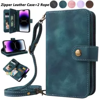 Кошелек кожаный на молнии кошелек с несколькими отделениями для карт сумка-чехол через плечо для iPhone 15 14 Plus 12 13 11 Pro Max для Samsung S23 S22 S21 S20 Ultra Plus iPhone 6/6S чёрный