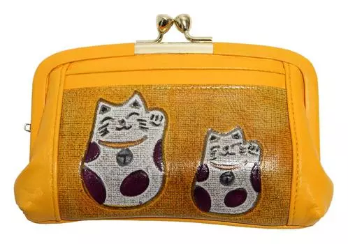 Кошелек Lucky Cat Yodogawa Dye Archaic Dye из коровьей кожи, сделанный в Японии, желтый [Hasegawa]