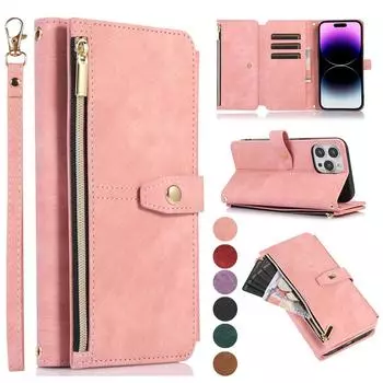 Кошелек на молнии, кожаный ремешок для карточек для iPhone 14 Plus13 12 11 Pro Max XSMAX для Samsung S23 S22 S21 S20 Ultra Plus Note20Ultra A13 A53 A14 A54 iPhone 6/6S чёрный