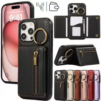 Кошелек на молнии с кольцом, кожаный флип-чехол с несколькими картами для iPhone 15, 14, 13, 12, 11 Pro Max XS MAX XR для Samsung S24 S23 S22 S21 S20 Ultra Plus A14 A13 A53 A54 iPhone 6/6S чёрный