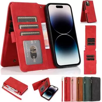 Кошелек на молнии с магнитным кожаным флип-чехол на 8 карт для iPhone 15 14 13 12 11 Pro Max XS MAX XR/Samsung S23 S22 S21 Ultra Plus S21FE A14 A54 A13 A53 A52 iPhone 6/6S чёрный