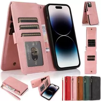 Кошелек на молнии с магнитным кожаным флип-чехол на 8 карт для iPhone 15 14 13 12 11 Pro Max XS MAX XR/Samsung S23 S22 S21 Ultra Plus S21FE A14 A54 A13 A53 A52 iPhone 6/6S чёрный