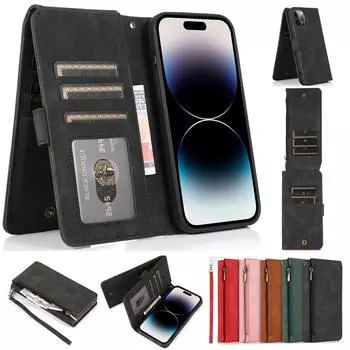 Кошелек на молнии с магнитным кожаным флип-чехол на 8 карт для iPhone 15 14 13 12 11 Pro Max XS MAX XR/Samsung S23 S22 S21 Ultra Plus S21FE A14 A54 A13 A53 A52 iPhone 6/6S чёрный