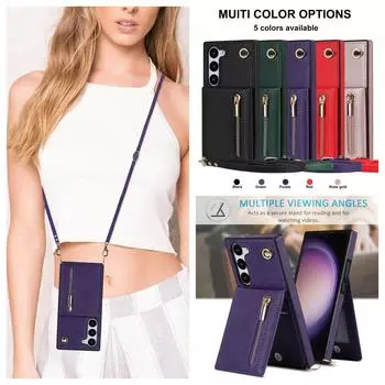 Кошелек на молнии с несколькими картами и длинный висящий чехол для телефона на веревке для серии iPhone Samsung Galaxy S9 S10 S20 S21 S22 S23 Note9 Note10 Note20... Samsung Note20 Ultra чёрный