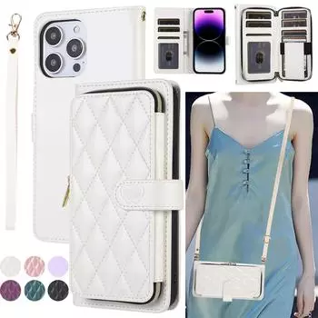 Кошелек на молнии, сумка на 9 карт, кожаный флип-чехол для Samsung S23 S22 S21 S20 Ultra Plus S21FE A14 A54 A13 A53 A12/iPhone 15 14 13 12 Pro Max XS Max 7P 8P iPhone 6/6S белый