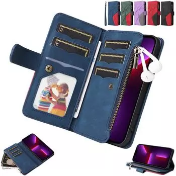 Кошелек на молнии в стиле ретро, кожаный флип-чехол с 9 отделениями для карт для iPhone 15 14 Plus 13 12 11 Pro Max для Samsung S24 S23 S22 S21 S20Ultra Plus Note20Ultra A14 A54 iPhone 6/6S синий