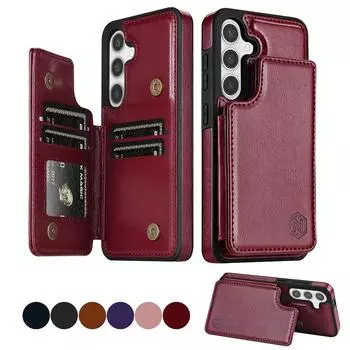 Кошелек однотонный кожаный чехол с магнитной двойной пряжкой и RFID-картой для Samsung Galaxy S24 Ultra S23 FE S22 Plus S21 S20 Samsung S24 Ultra чёрный